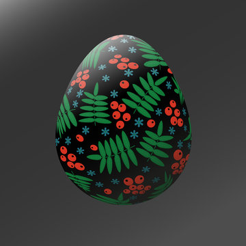 Easter black painted egg with Russian folk traditions Khokhloma, Rowan