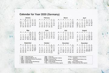 2020 yearly calendar with German national holidays