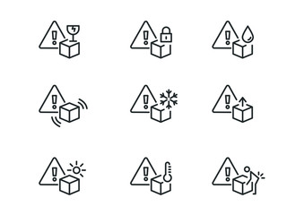Product packaging line icons. Parcel box care, handling instructions and shipping mark guides.