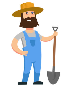 Farmer standing with shovel. Cartoon character isolated on white background.
