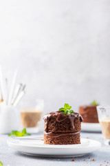 Chocolate mini cake with chocolate ganash and mint