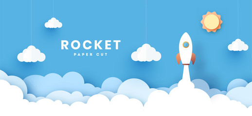 Rocket ship launch icon paper art style with abstract background. Start up business concept design.Vector illustration