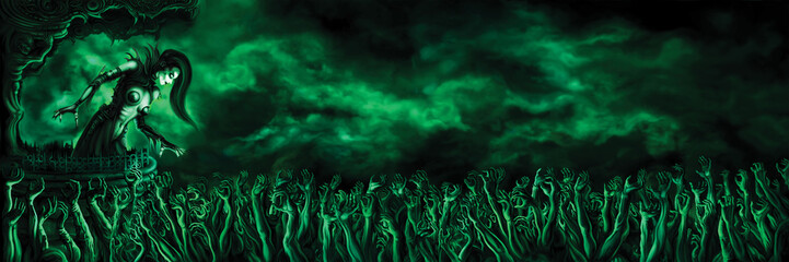 Fototapeta na wymiar Necromancer is rising zombies banner/ Woman necromancer over zombie horde hands. Digital painting