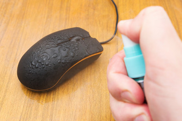 Computer mouse disinfection with an antibacterial disinfectant spray. Coronavirus pandemic,...