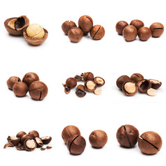 Macadamia nut with pieces and green leaves isolated on a white background