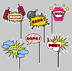 Photo booth Props speech bubbles kit. Birthday and Party Accessories Set. Can used for wedding and dates. Vector illustration