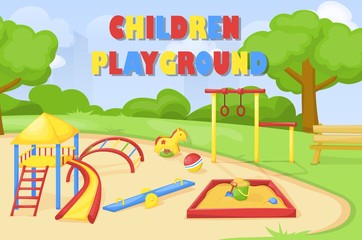 Kids playground. Park and playground cartoon, vector art and illustration.