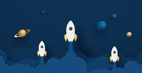 Rocket Leadership Concept with Paper Art or Origami Design Vector illustration Night sky, shining stars, moon, planets, fluffy clouds.