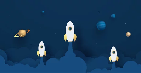 Poster Kinderkamer Rocket Leadership Concept met Paper Art of Origami Design Vector Illustratie Nachtelijke hemel, stralende sterren, maan, planeten, pluizige wolken.