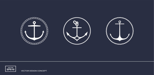 Set of anchor emblems with circular rope frame. Modern minimal flat design style. Simple logotype templates. Vector illustration.