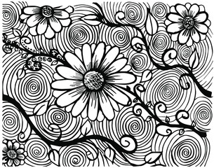 Decorative ornament flowers, leaves, spirals. Vine with flowers curls and leaves.