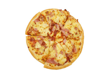 hot pizza dip tray of pizza toppings include ham, pork, paprika and vegetables, pizza, Italian food saurian. View from side. White background isolate as background Food concept with copy space.