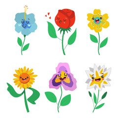 Fototapeta na wymiar Spring flowers characters with cute emotions vector cartoon set isolated on a white background.
