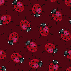 Vector seamless pattern with ladybugs on red background; cute design for fabric, wallpaper, wrapping paper, textile, web design.