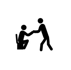 stick a man sitting on a chair the second is standing shake hands