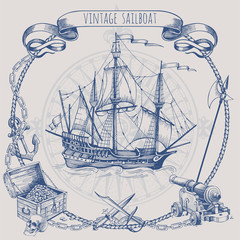 Adventure stories. Pirate background. Vintage border frame. Old caravel, vintage sailboat. Cannon, ghost ship, shipwreck, sea battle