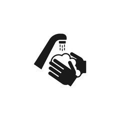 Hands washing with soap faucet and water drops black isolated vector icon.