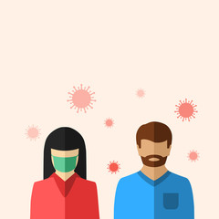 Coronavirus and viral disease spreading concept. Woman wears face mask as protection against infection, man does not.
