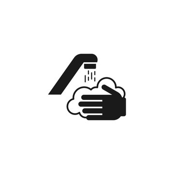 Hands Washing With Soap Faucet And Water Drops Black Isolated Vector Icon.