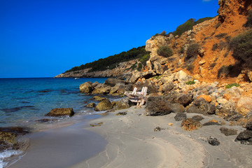 Sant Tomas, Menorca / Spain - June 25, 2016: The Binigaus beach, Sant Tomas, Menorca, Balearic Islands, Spain