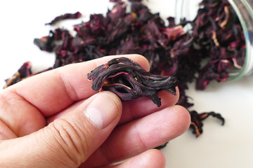 dried over white background Hibiscus flowers,
