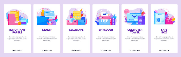 Fototapeta premium Office accessories, business documents, folder. Shredder, company stamp, safe box. Mobile app onboarding screens. Vector banner template for website mobile development. Web site design illustration