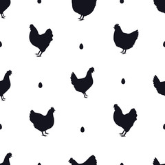Chicken Black silhouette Seamless pattern Flat vector illustration