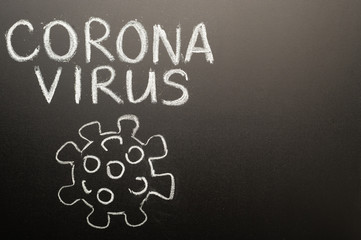 Lettering and drawing of the virus and coronavirus on the blackboard with chalk. Hazard of Padneymia 2019-ncov novel coronavirus. with space for an inscription, banner