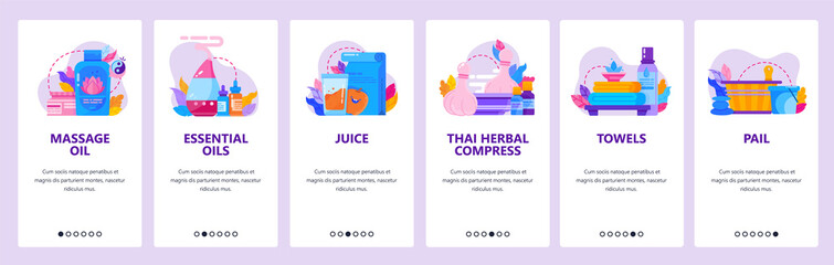 Thai spa and massage parlor icons. Essential oil, towels, herbal compress. Mobile app onboarding screens. Vector banner template for website and mobile development. Web site design illustration