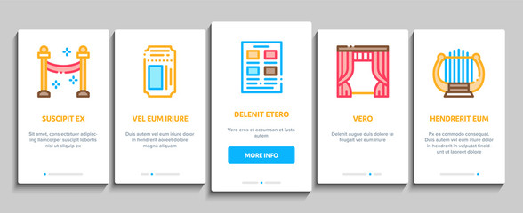 Theatre Equipment Onboarding Mobile App Page Screen Vector. Theatre Ticket And Binoculars, Mask And Microphone, Curtain And Seats, Building And Hat Color Contour Illustrations