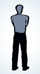 A man stands and looks into the distance. The view from the back. Vector drawing