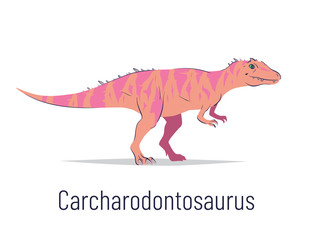 Carcharodontosaurus. Theropoda dinosaur. Colorful vector illustration of prehistoric creature carcharodontosaurus in hand drawn flat style isolated on white background. Predatory fossil dinosaur.