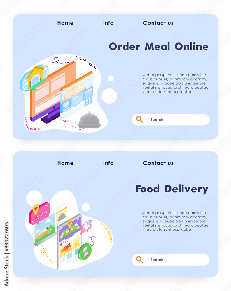 Poster order meal online. food fast delivery app. vector web site design template. landing page website con