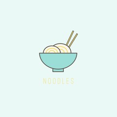 Tasty Wok noodles. Ramen. Fastfood meal. Asian food. Minimalistic Icon. Logo template. Colored vector Illustration. Black outline. Cartoon style, simple flat design. Isolated on a blue background