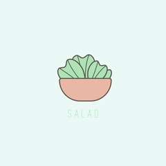 Tasty fresh Salad bowl. Healthy vegetarian meal. Minimalistic Icon. Logo template. Colored vector Illustration. Black outline. Cartoon style, simple flat design. Isolated on a blue background