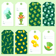St. Patrick's Day gift tags. Set of gift tags with cartoon illustrations of St. Patrick's Day symbols. Vector 8 EPS.