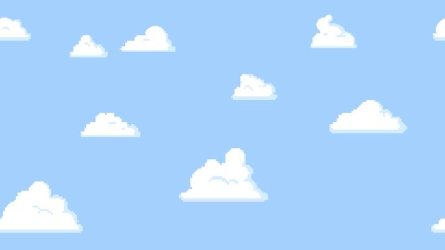 Cartoon clouds floating on the blue sky background, pixelated. Seamless looping animation.