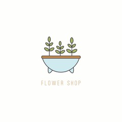 Flower pot. Domestic home Plant. Minimalistic floral Icon. Flower Shop Logo template. Cartoon style, simple flat design. Trendy Vector illustration. Isolated on a white background