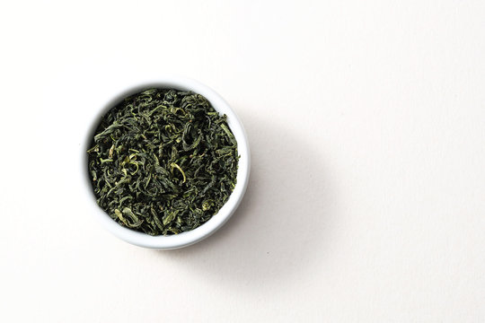 Korea Jeju Op Organic, natural green tea. Top view, white background, isolated