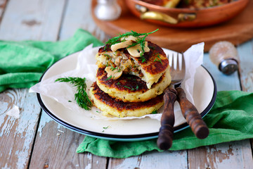 vegan potato pancakes with mushrooms..style rustic