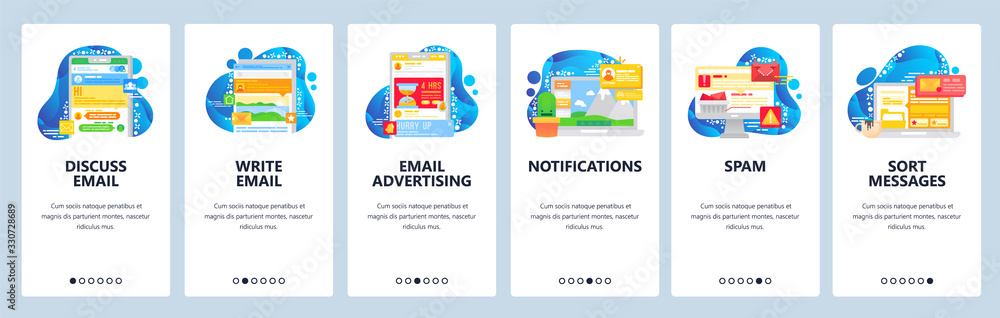 Poster email and chat mobile app. phone notifications and advertisement. spam, message sorting. app onboard