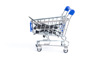 shopping cart with with dark wood screws on a white background. isolate