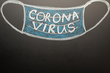 A drawn mask on a blackboard with the inscription Coronavirus. News headline, articles. Epidemic and pandemic, problems in medetsine, lack of masks, with space for inscription, banner.