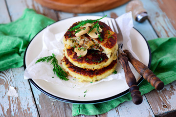 vegan potato pancakes with mushrooms..style rustic