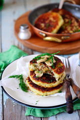 vegan potato pancakes with mushrooms..style rustic