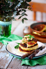 vegan potato pancakes with mushrooms..style rustic