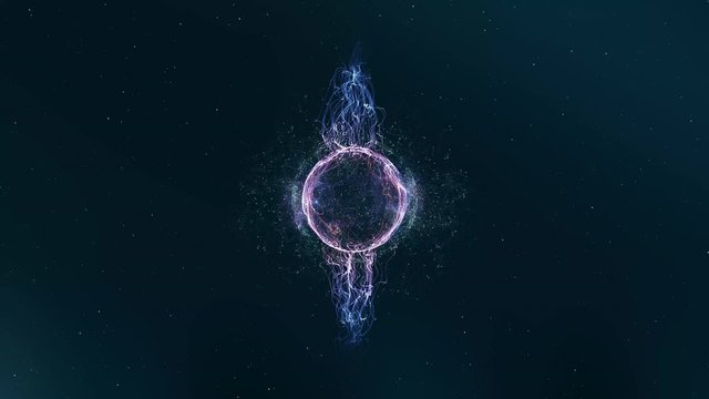 Futuristic orb with energy flow. Round sphere with particles flowing as concept of network data, information and digital communication.