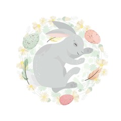 Happy Easter. Cute bunny with eggs in wreath. Easter holiday concept. Vector illustration.