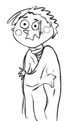 Hand drawn black and white cartoon illustration of a sick man wrapped in a plaid with red nose and eyes and other fever symptoms, holding a thermometer in his mouth . Isolated on a white background.