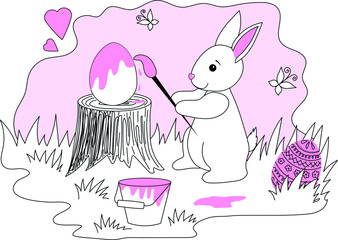 Vector graphics. Easter composition. White bunny paints an easter egg. The main colors are pink, white, black.